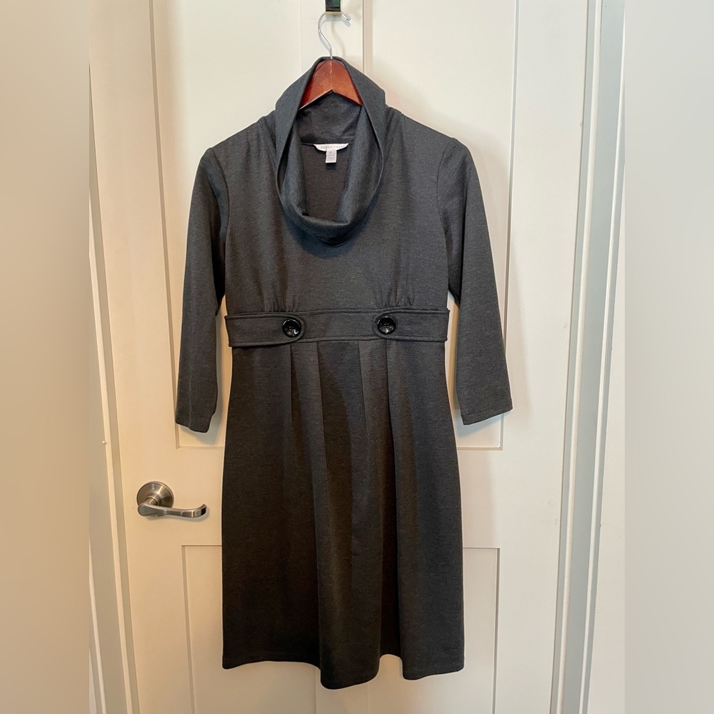 London Times Gray Cowl Neck Dress with Button Detail, Size 8